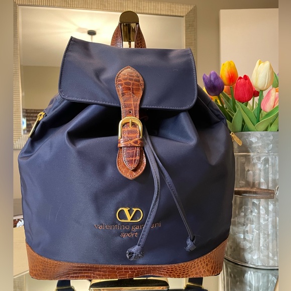 Valentino Garavani Sport Navy Nylon Backpack With Brown Leather Trim
